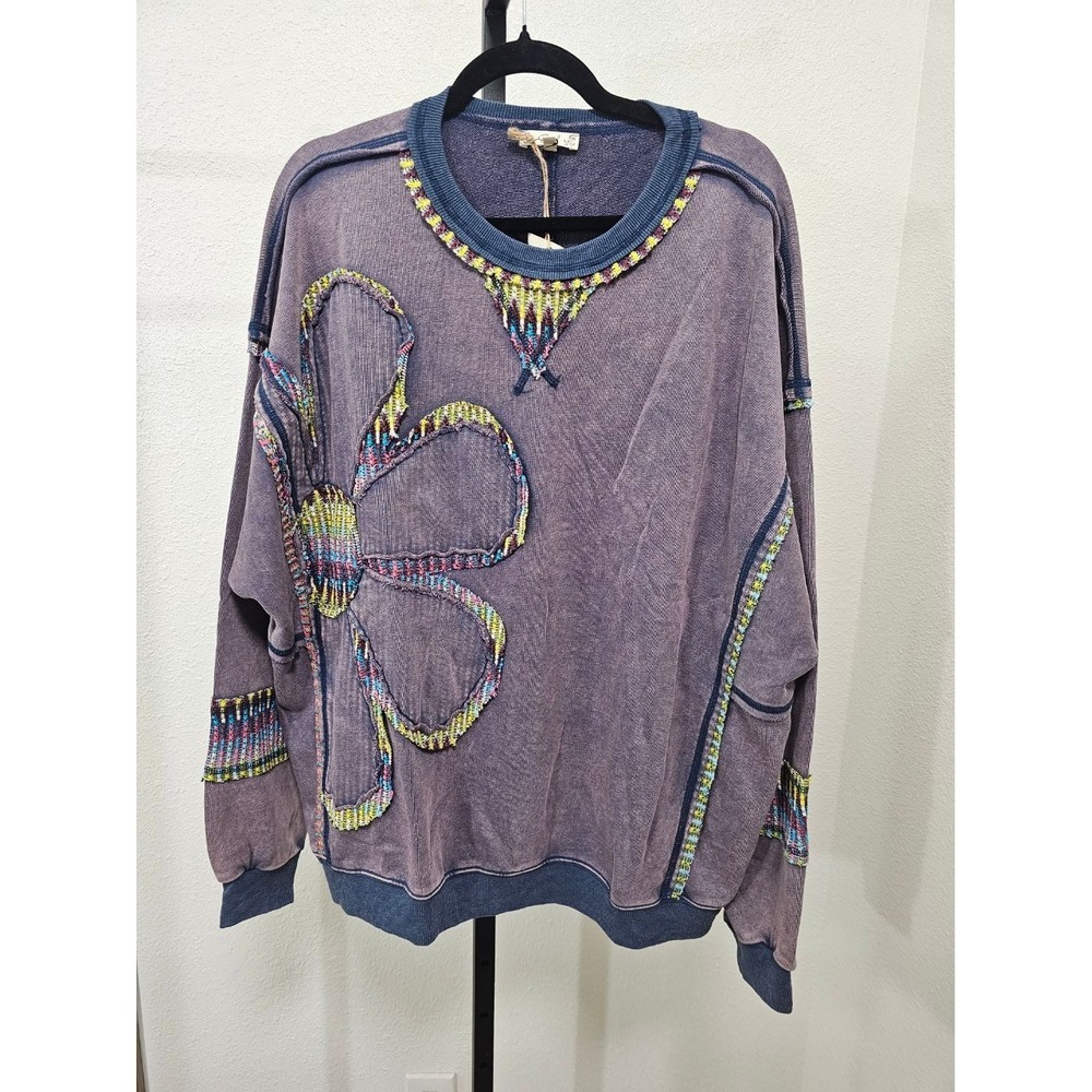 107 Easel Blueberry Floral Mineral Wash French Terry Top 1X PTP: 30" (BB3)